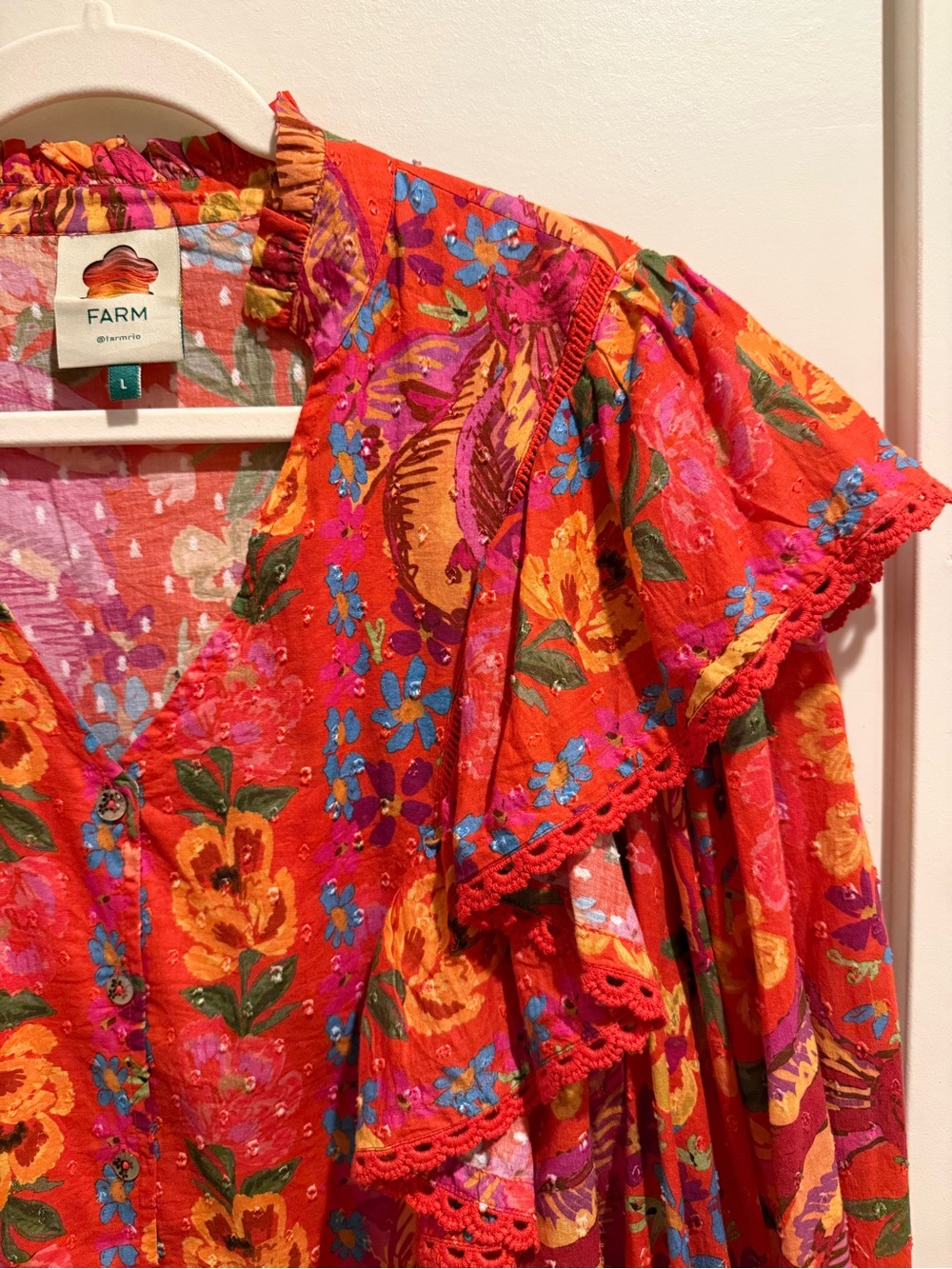 FARM Rio Vibrant Red Floral Ruffle Button-Front Blouse - Picture 2 of 3